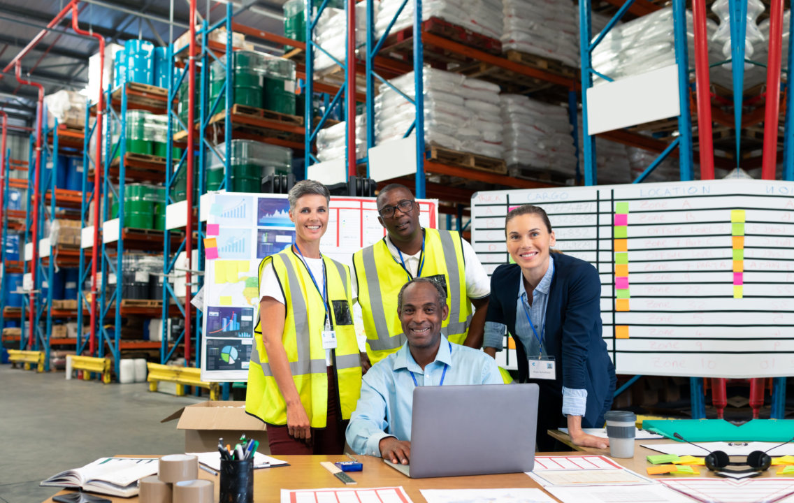 four people inside the warehouse